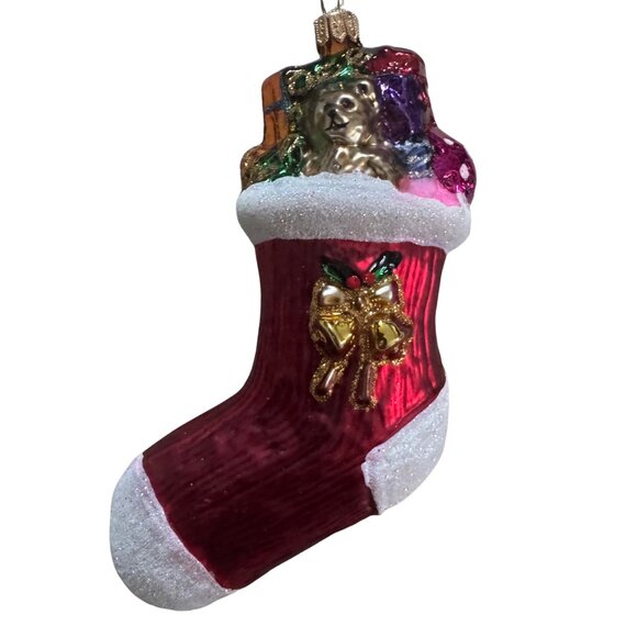 Christmas Stocking Hand Blown Glass Ornament Holding Toys and Gifts Vintage - Picture 2 of 4